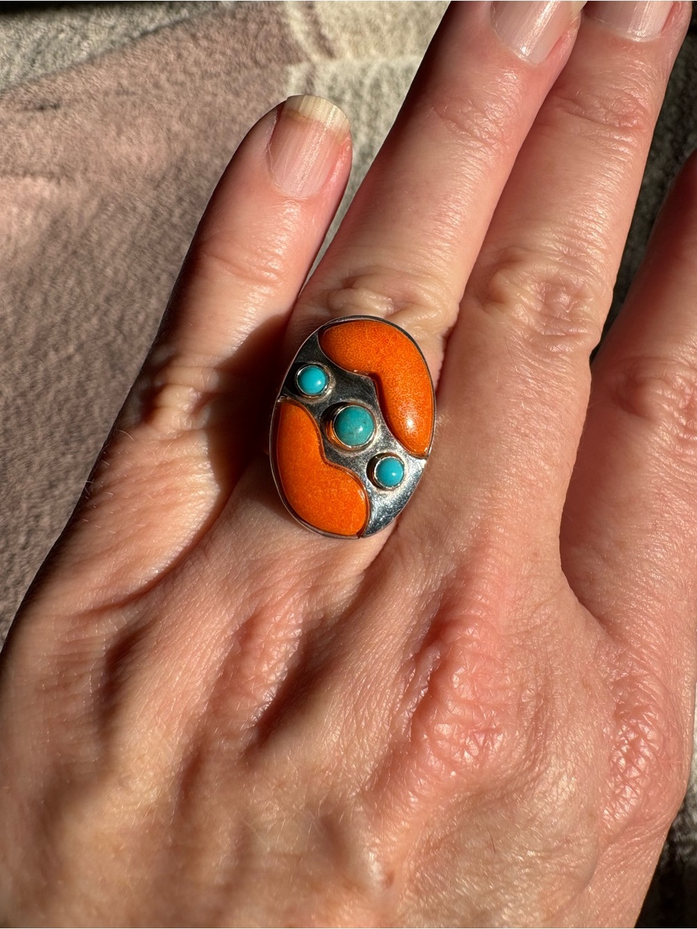 Jay King Sterling Silver & Orange Coral and Turquoise Oval Ring. Size 7